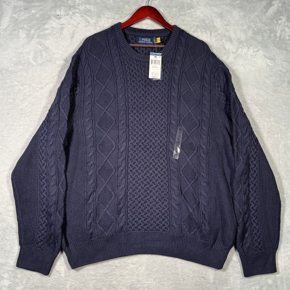 Ralph Lauren Sweater Mens XXL Blue Aran Knit Cable Cotton Fisherman Crewneck - Picture 2 of 10